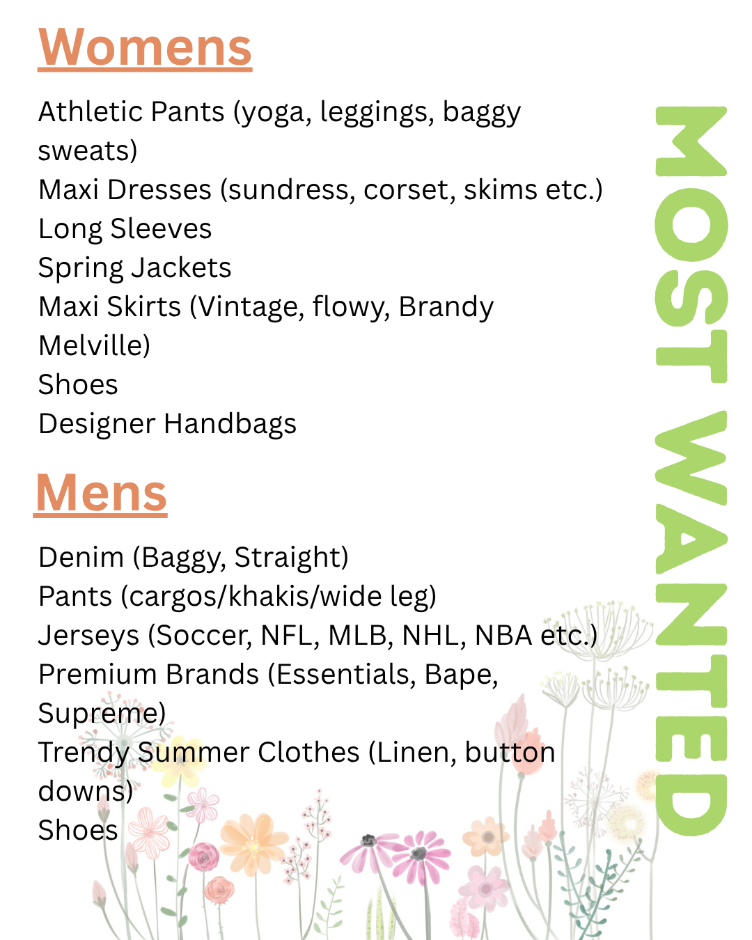 List of Items we want to buy from our customers